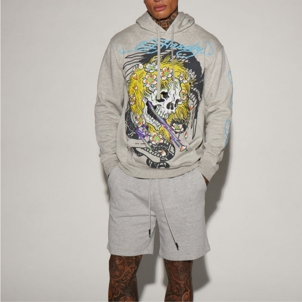 Ed Hardy Yellow Hair Skull Heather Grey Pullover Hoodie Sweatshirt NWT, Medium
